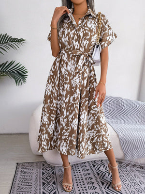 2025 spring and summer casual loose leopard print lace - up shirt dress - Negative Apparel