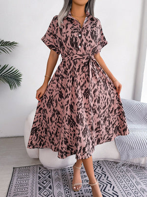 2025 spring and summer casual loose leopard print lace - up shirt dress - Negative Apparel