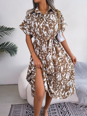 2025 spring and summer casual loose leopard print lace - up shirt dress - Negative Apparel