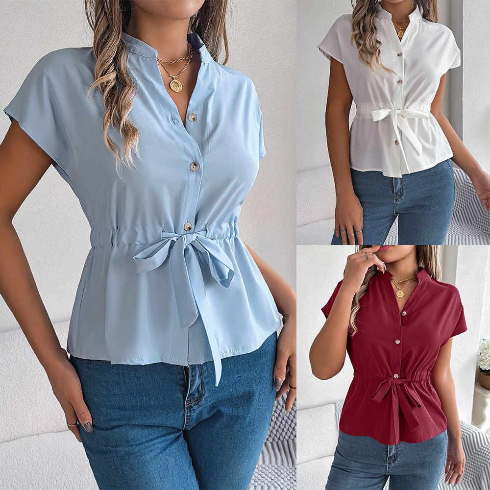 2025 spring and summer casual solid color button drawstring short - sleeved shirt top - Negative Apparel