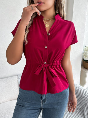 2025 spring and summer casual solid color button drawstring short - sleeved shirt top - Negative Apparel