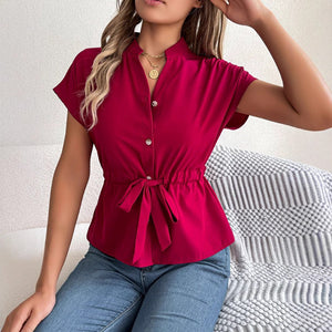 2025 spring and summer casual solid color button drawstring short - sleeved shirt top - Negative Apparel