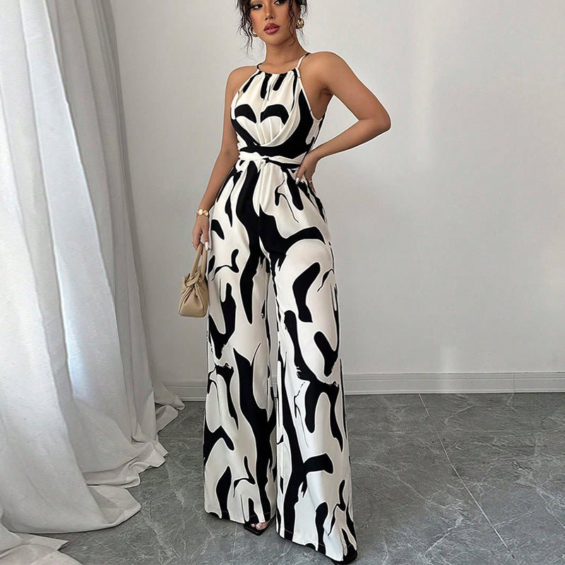 2025 spring and summer INS zebra pattern suspender jumpsuit European and American style lace - up wide - leg trousers women's clothing - Negative Apparel