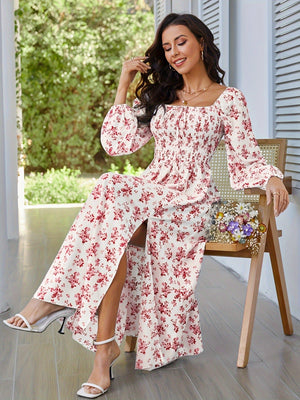 2025 Spring and Summer New Romantic Elegant Women's Dress Square Neck Long Sleeve Slit Floral Dress - Negative Apparel