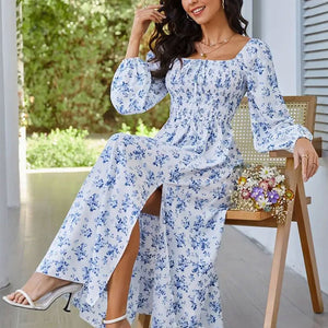 2025 Spring and Summer New Romantic Elegant Women's Dress Square Neck Long Sleeve Slit Floral Dress - Negative Apparel