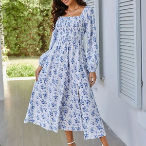 2025 Spring and Summer New Romantic Elegant Women's Dress Square Neck Long Sleeve Slit Floral Dress - Negative Apparel