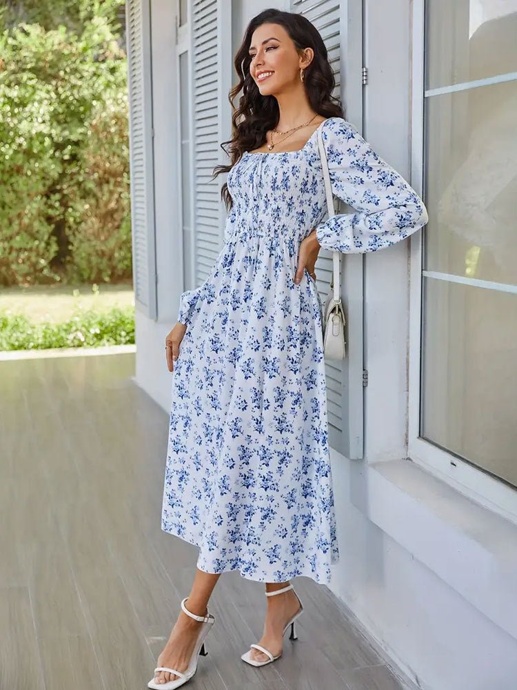 2025 Spring and Summer New Romantic Elegant Women's Dress Square Neck Long Sleeve Slit Floral Dress - Negative Apparel