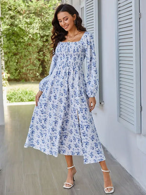 2025 Spring and Summer New Romantic Elegant Women's Dress Square Neck Long Sleeve Slit Floral Dress - Negative Apparel