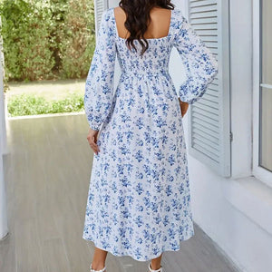 2025 Spring and Summer New Romantic Elegant Women's Dress Square Neck Long Sleeve Slit Floral Dress - Negative Apparel