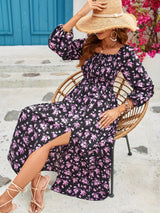 2025 Spring and Summer New Romantic Elegant Women's Dress Square Neck Long Sleeve Slit Floral Dress - Negative Apparel