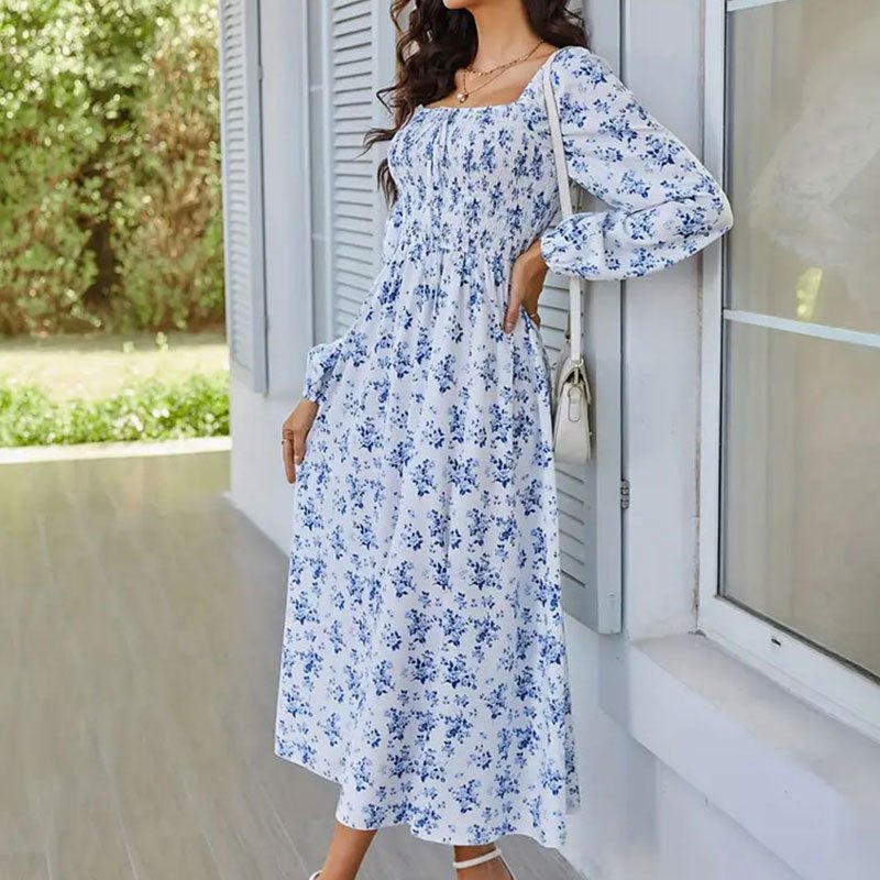 2025 Spring and Summer New Romantic Elegant Women's Dress Square Neck Long Sleeve Slit Floral Dress - Negative Apparel