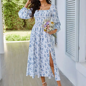 2025 Spring and Summer New Romantic Elegant Women's Dress Square Neck Long Sleeve Slit Floral Dress - Negative Apparel