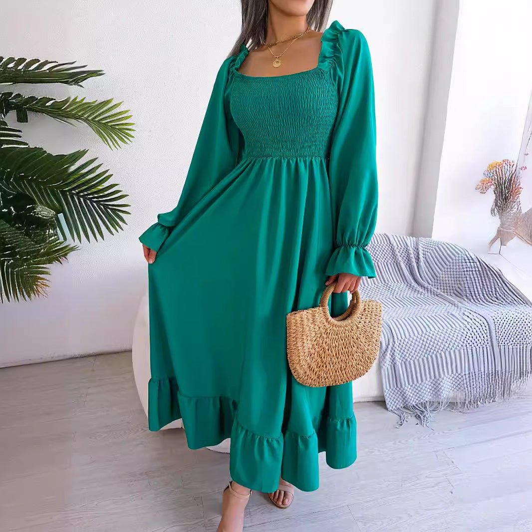 2025 spring and summer Square neck trumpet sleeves large swing ruffled long dress - Negative Apparel