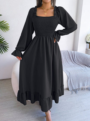 2025 spring and summer Square neck trumpet sleeves large swing ruffled long dress - Negative Apparel