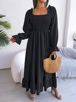 2025 spring and summer Square neck trumpet sleeves large swing ruffled long dress - Negative Apparel