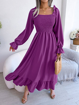 2025 spring and summer Square neck trumpet sleeves large swing ruffled long dress - Negative Apparel