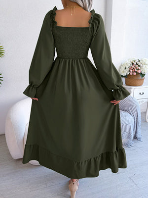 2025 spring and summer Square neck trumpet sleeves large swing ruffled long dress - Negative Apparel