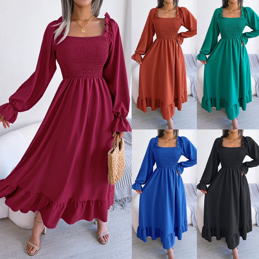 2025 spring and summer Square neck trumpet sleeves large swing ruffled long dress - Negative Apparel