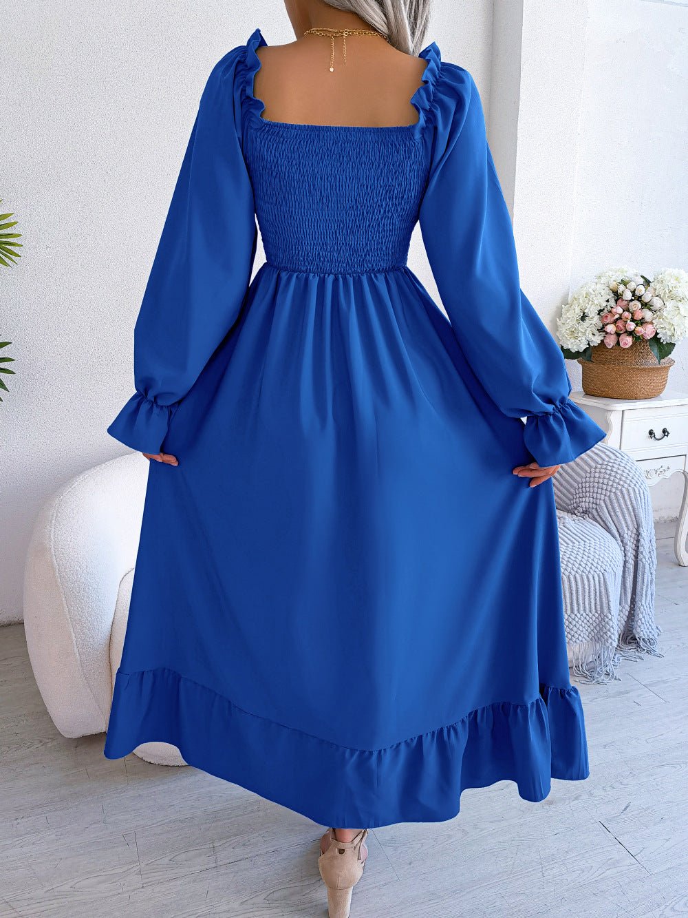 2025 spring and summer Square neck trumpet sleeves large swing ruffled long dress - Negative Apparel