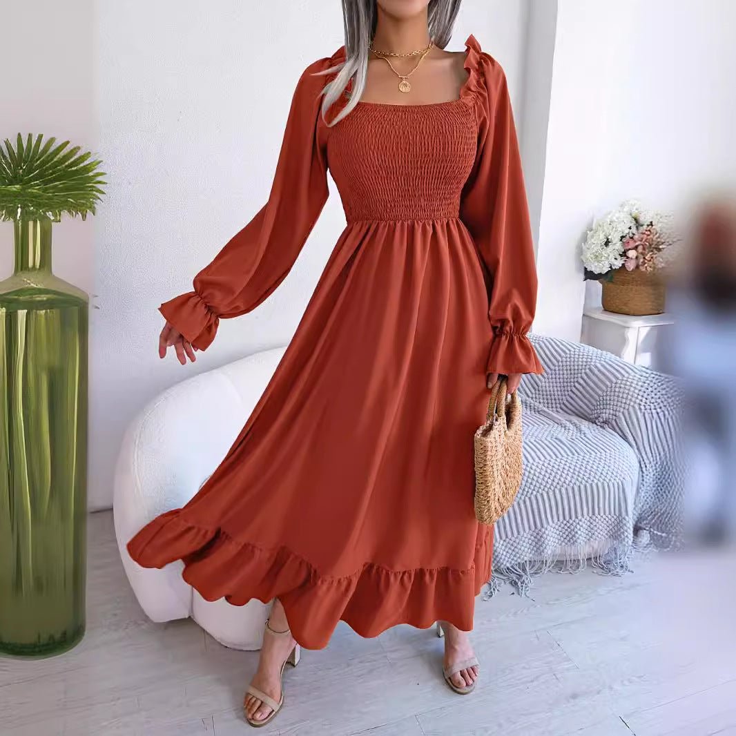 2025 spring and summer Square neck trumpet sleeves large swing ruffled long dress - Negative Apparel