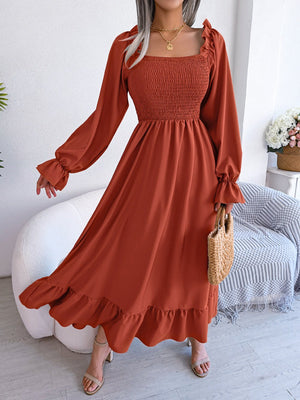 2025 spring and summer Square neck trumpet sleeves large swing ruffled long dress - Negative Apparel