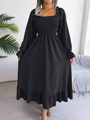 2025 spring and summer Square neck trumpet sleeves large swing ruffled long dress - Negative Apparel