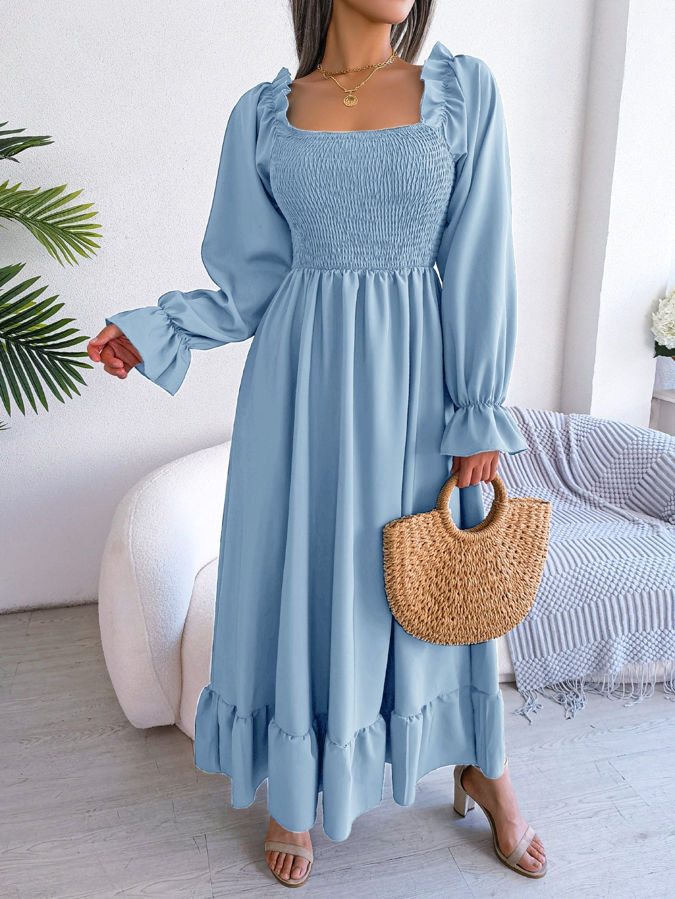 2025 spring and summer Square neck trumpet sleeves large swing ruffled long dress - Negative Apparel