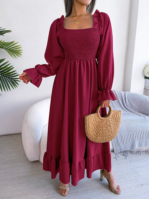 2025 spring and summer Square neck trumpet sleeves large swing ruffled long dress - Negative Apparel