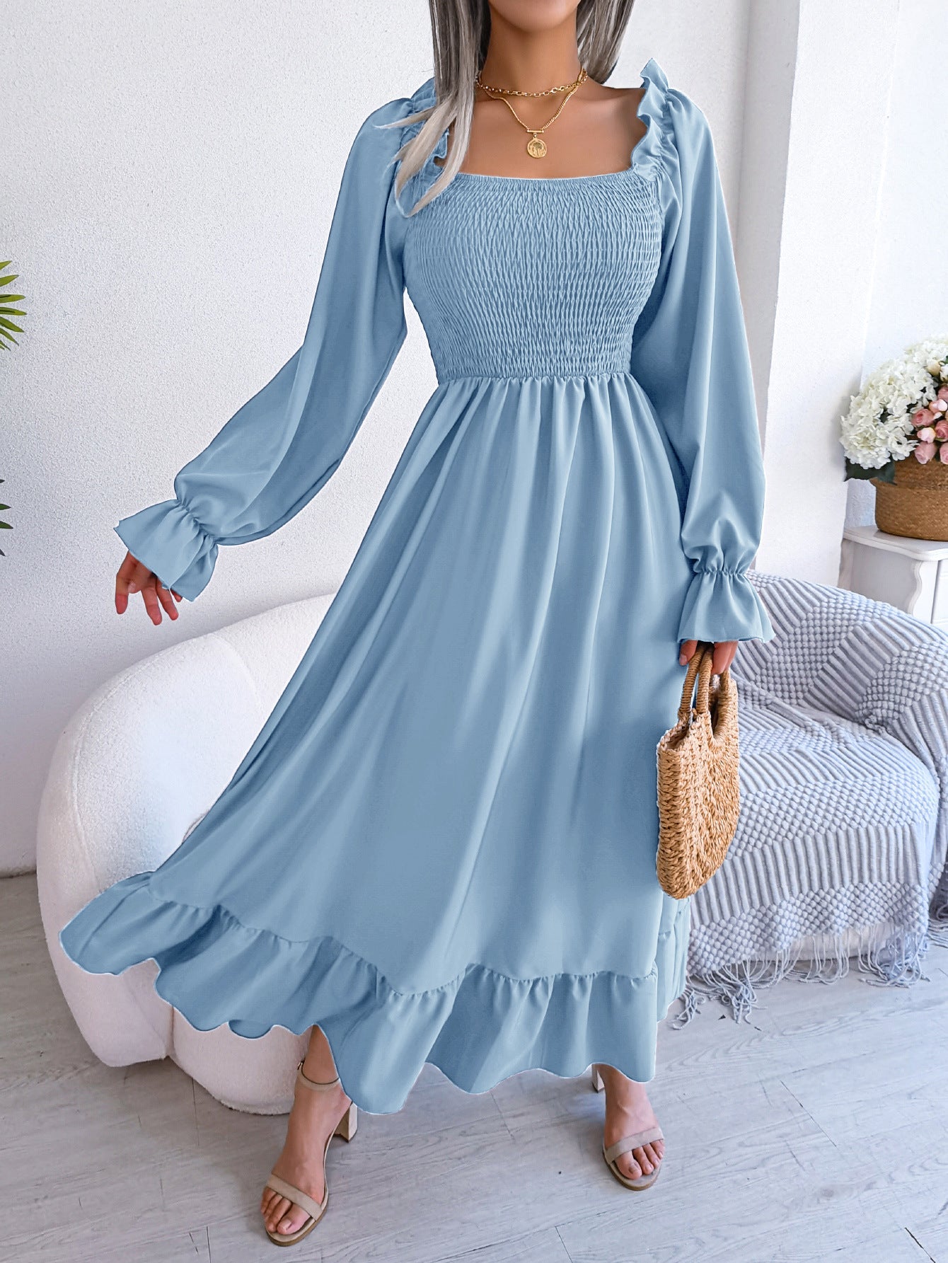 2025 spring and summer Square neck trumpet sleeves large swing ruffled long dress - Negative Apparel