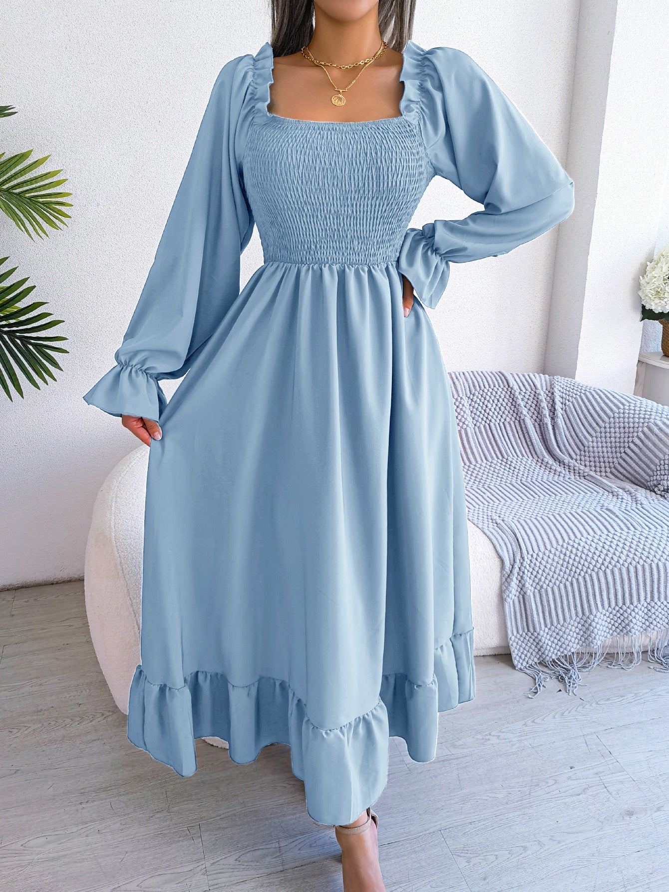 2025 spring and summer Square neck trumpet sleeves large swing ruffled long dress - Negative Apparel