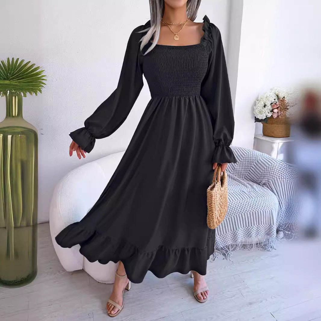 2025 spring and summer Square neck trumpet sleeves large swing ruffled long dress - Negative Apparel