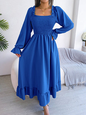 2025 spring and summer Square neck trumpet sleeves large swing ruffled long dress - Negative Apparel