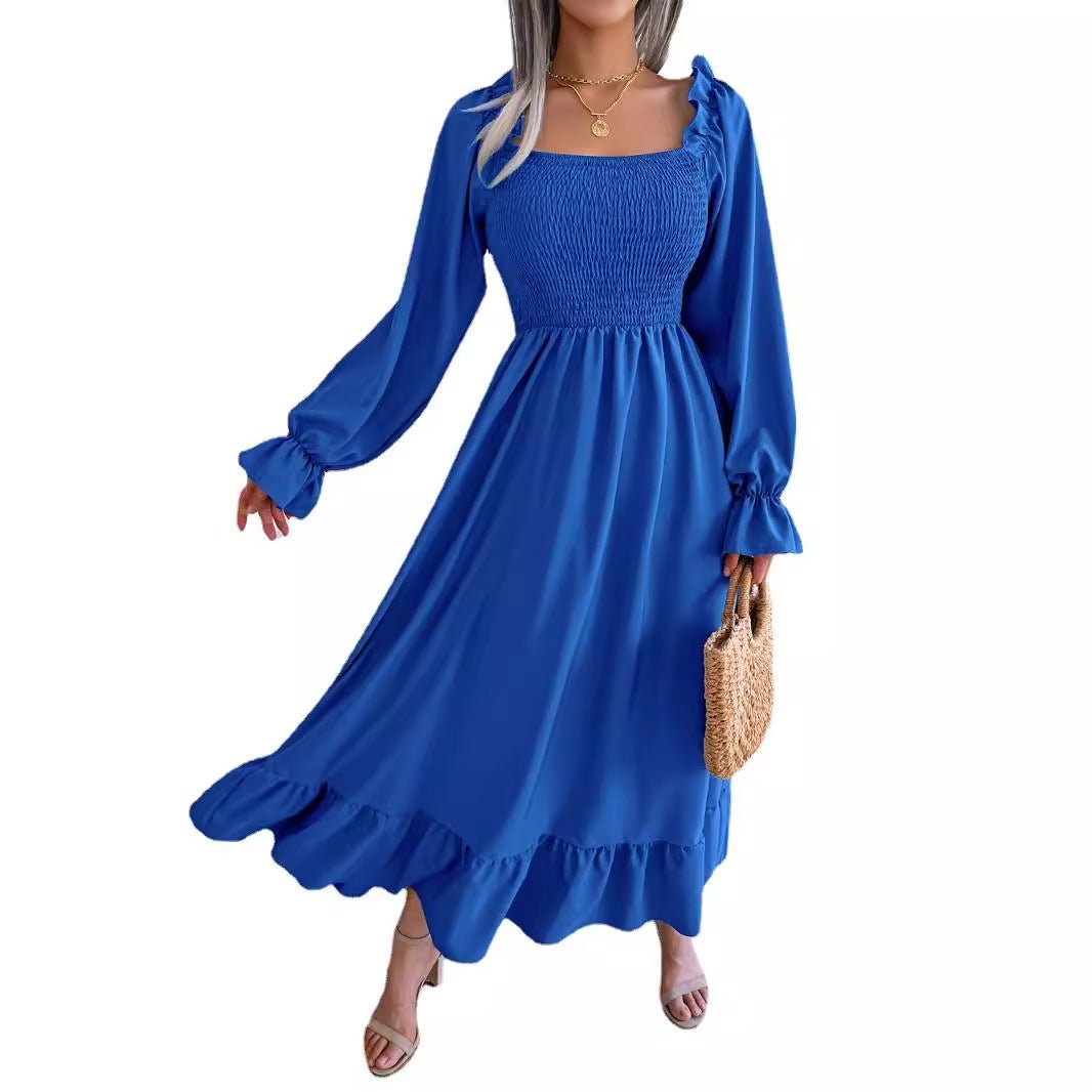 2025 spring and summer Square neck trumpet sleeves large swing ruffled long dress - Negative Apparel