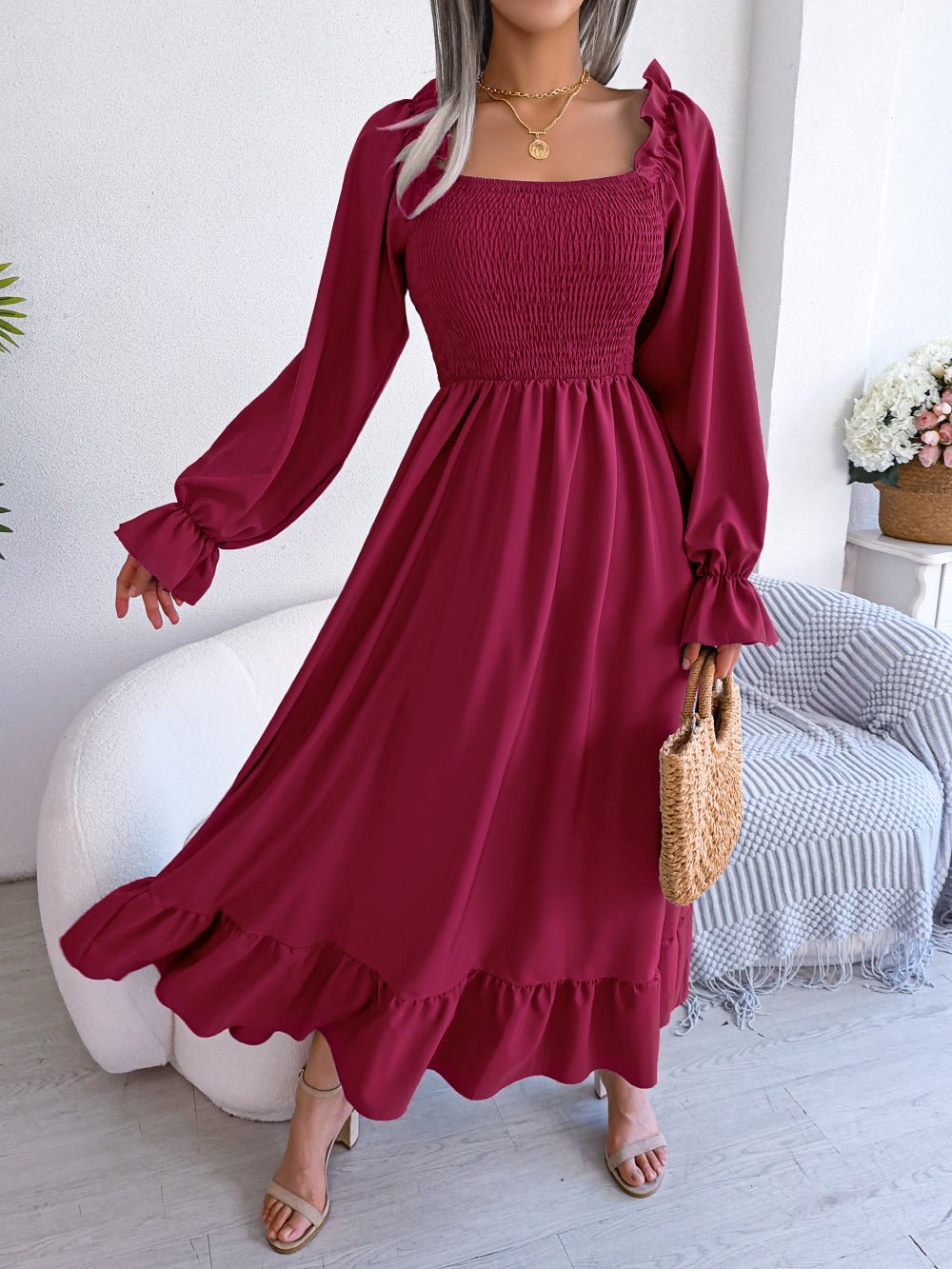 2025 spring and summer Square neck trumpet sleeves large swing ruffled long dress - Negative Apparel