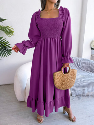 2025 spring and summer Square neck trumpet sleeves large swing ruffled long dress - Negative Apparel