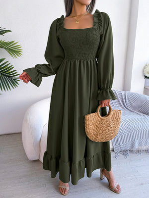 2025 spring and summer Square neck trumpet sleeves large swing ruffled long dress - Negative Apparel