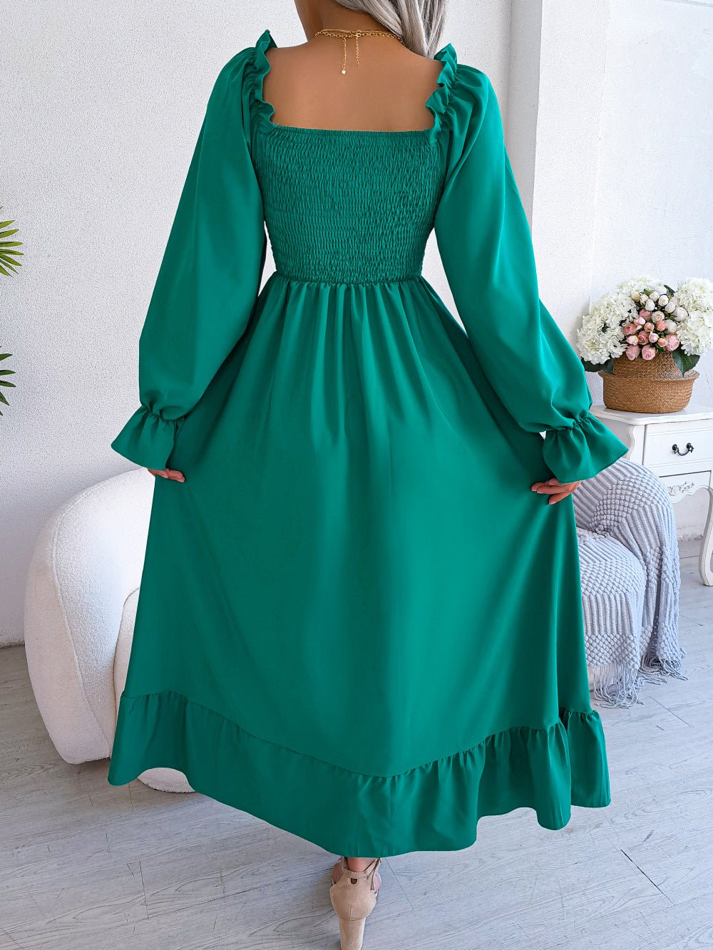 2025 spring and summer Square neck trumpet sleeves large swing ruffled long dress - Negative Apparel