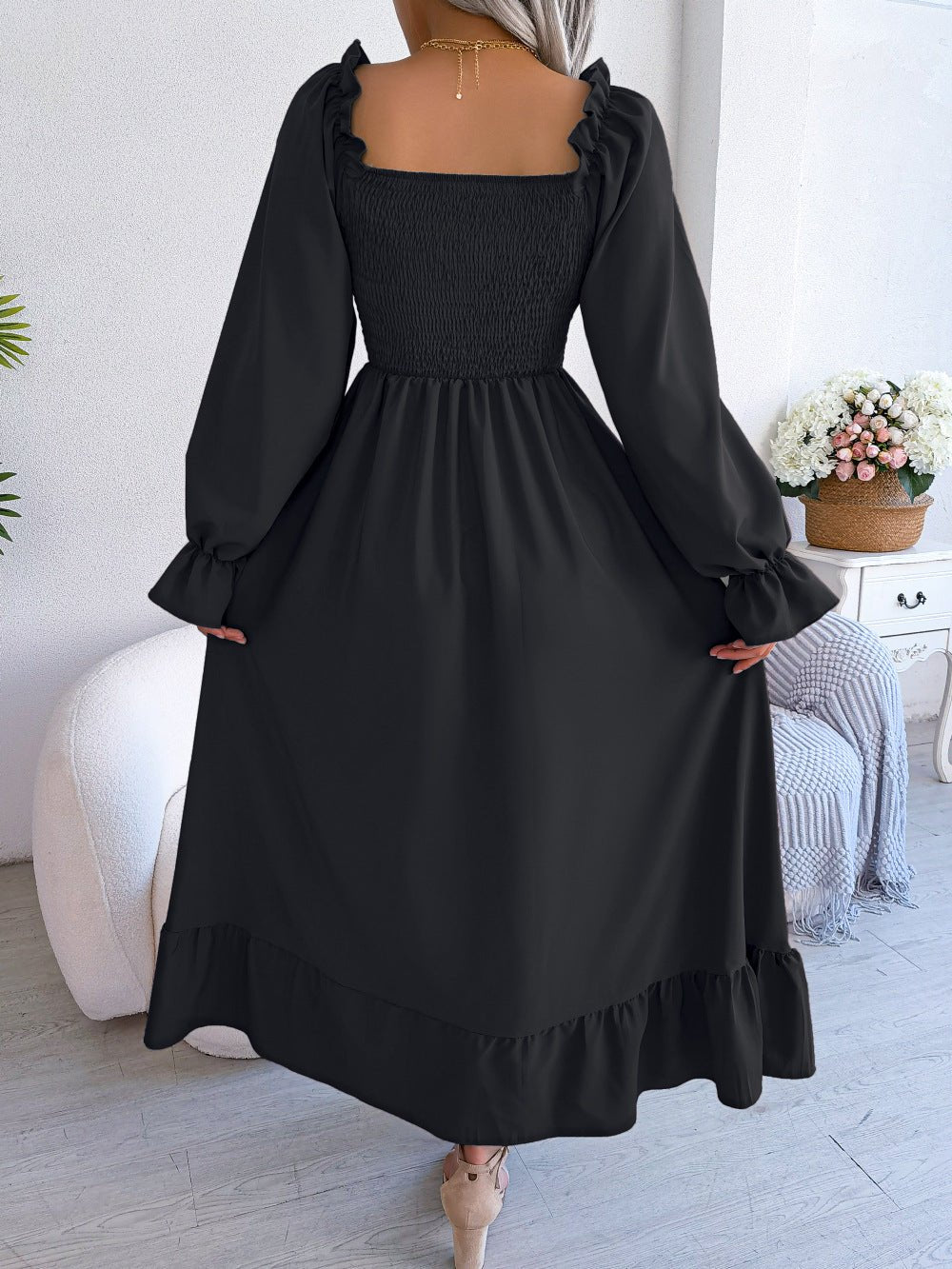 2025 spring and summer Square neck trumpet sleeves large swing ruffled long dress - Negative Apparel