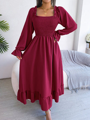 2025 spring and summer Square neck trumpet sleeves large swing ruffled long dress - Negative Apparel