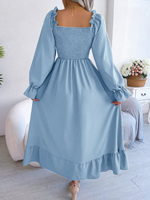 2025 spring and summer Square neck trumpet sleeves large swing ruffled long dress - Negative Apparel