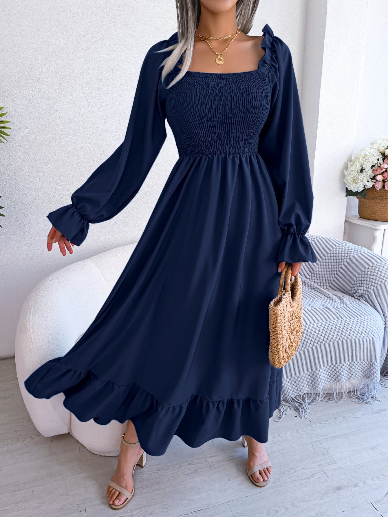 2025 spring and summer Square neck trumpet sleeves large swing ruffled long dress - Negative Apparel