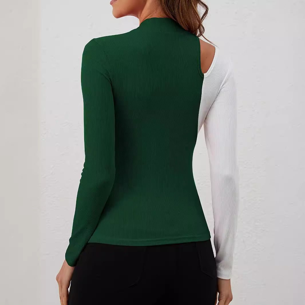 2025 spring elegant contrasting color splicing small stand - up collar new T-shirt slim and thin long - sleeved top women - Negative Apparel