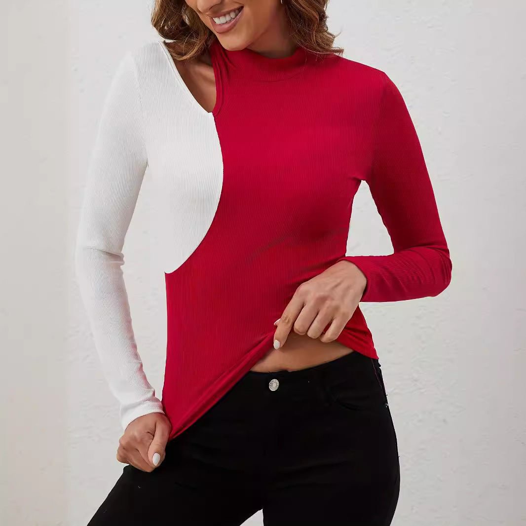 2025 spring elegant contrasting color splicing small stand - up collar new T-shirt slim and thin long - sleeved top women - Negative Apparel