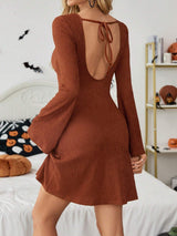 2025 spring elegant women's brown texture halter bow horn sleeve dress - Negative Apparel