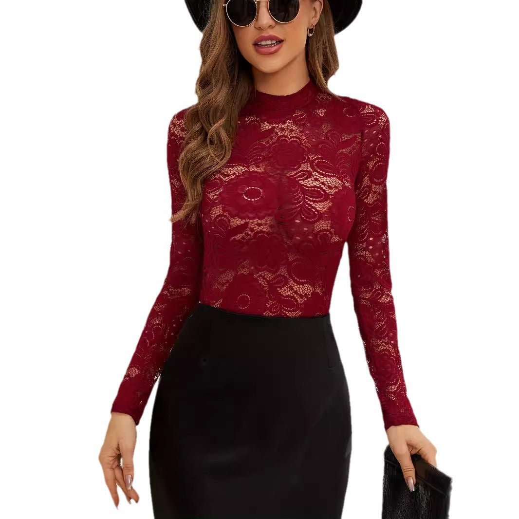 2025 spring fashion versatile fashion sexy lace thin outer wear T-shirt long sleeve bottoming shirt - Negative Apparel