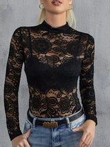 2025 spring fashion versatile fashion sexy lace thin outer wear T-shirt long sleeve bottoming shirt - Negative Apparel