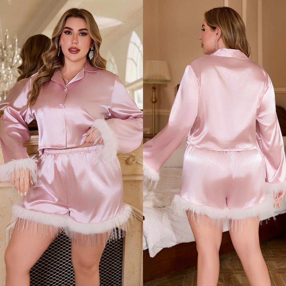 2025 spring ice silk pajamas fashion ostrich hair shirt trousers loose two - piece set feather loungewear women - Negative Apparel