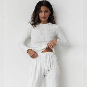 2025 spring knitted hollow love jacquard pajamas two - piece long - sleeved trousers ladies home clothes - Negative Apparel