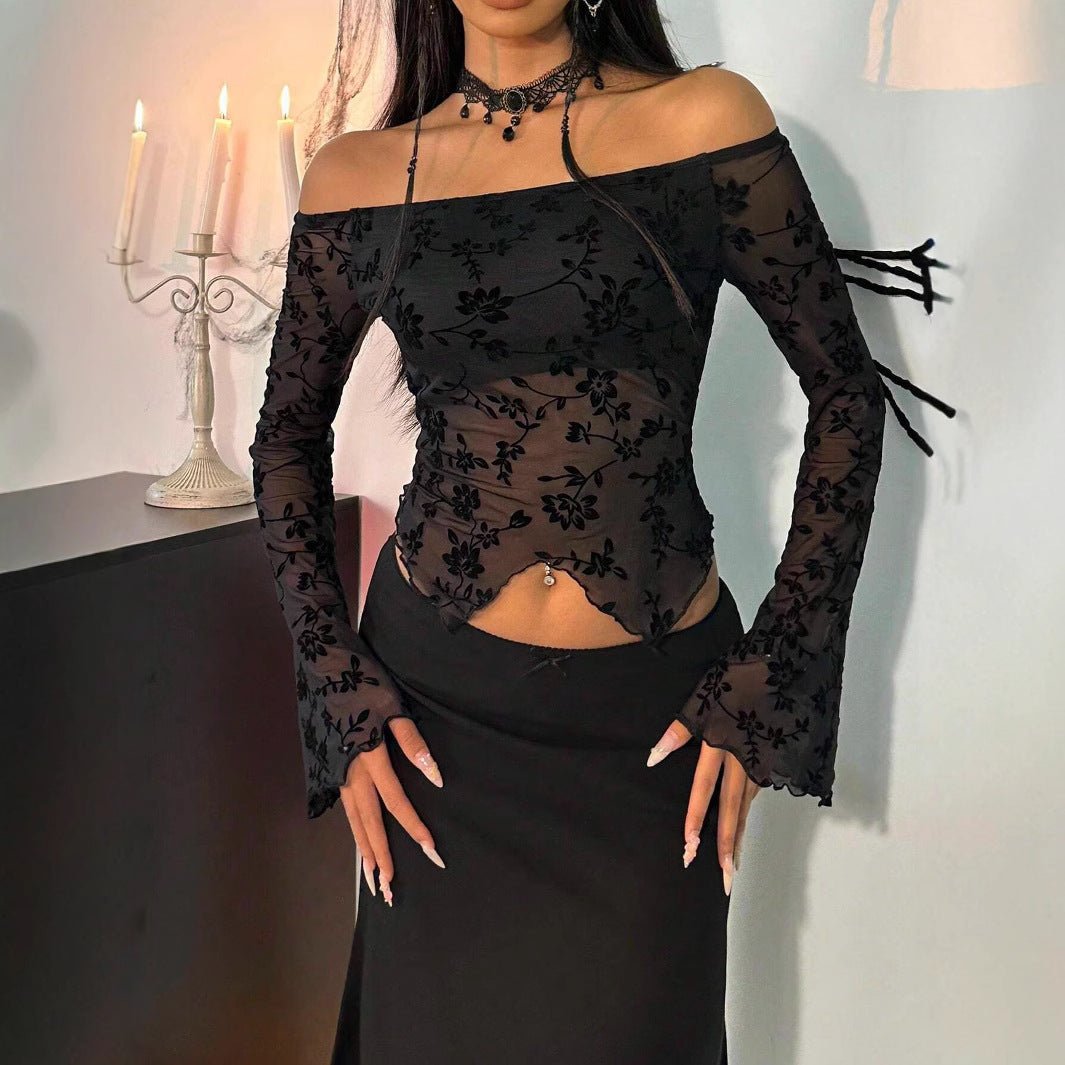 2025 spring new elegant women's black flower mesh off - the - shoulder horn sleeve T-shirt top women - Negative Apparel