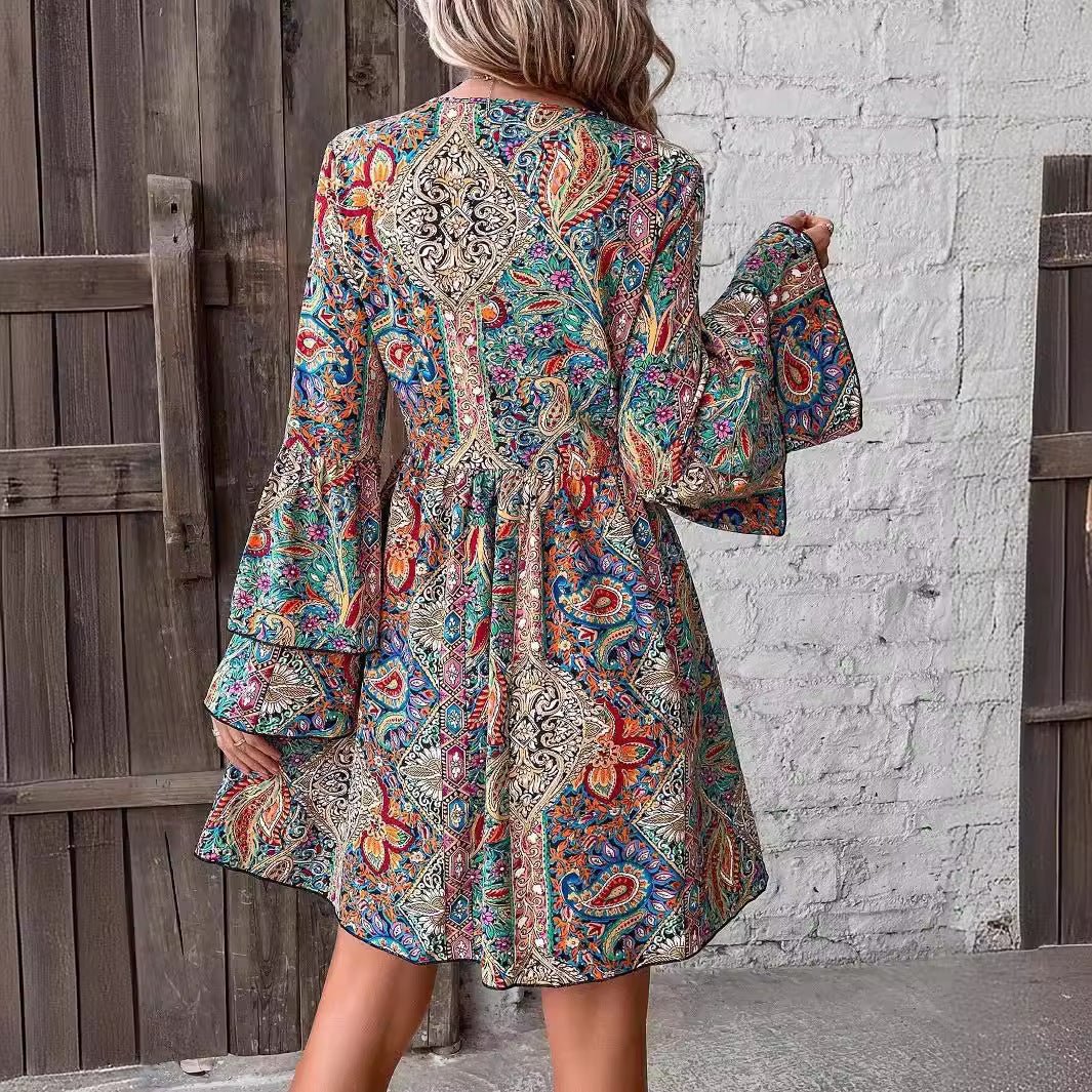 2025 spring new elegant women's floral print V - neck trumpet sleeve dress - Negative Apparel